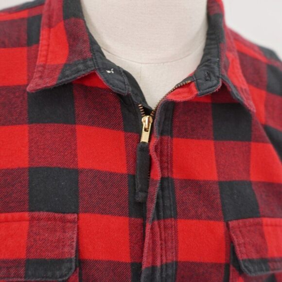 J. Crew Flannel Red Black Plaid Collared Shirt Jacket Large Zip + Pockets Cotton - Picture 2 of 9